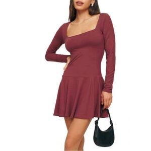 Reformation Coen Knit Square Neck Drop Waist Pleat Hem Mini Dress Chianti